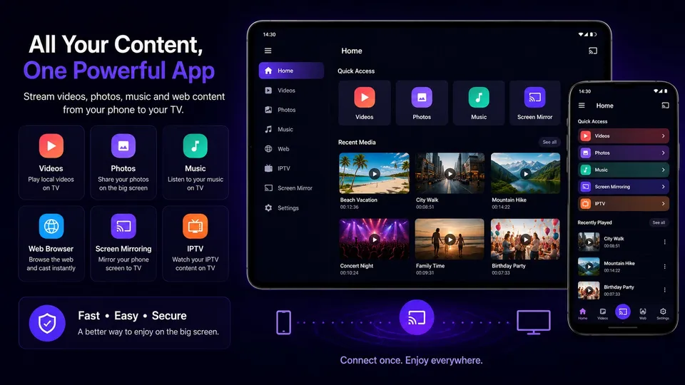 SmartGoCast on tablet and phone: videos, photos, music, web, screen mirroring and IPTV