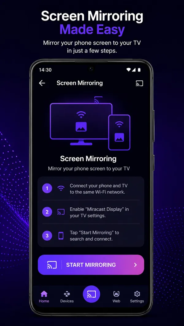 Screen mirroring guide with three simple steps and a start button