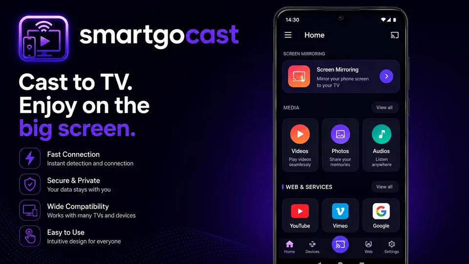 SmartGoCast home screen with screen mirroring, videos, photos, audio and web shortcuts